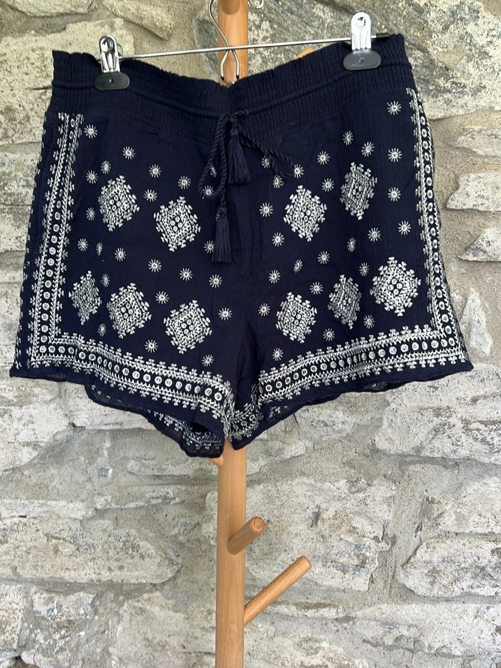 J. Crew Navy Embroidered Tassel Waist Shorts